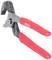 Pliers with red handles, curved jaws.