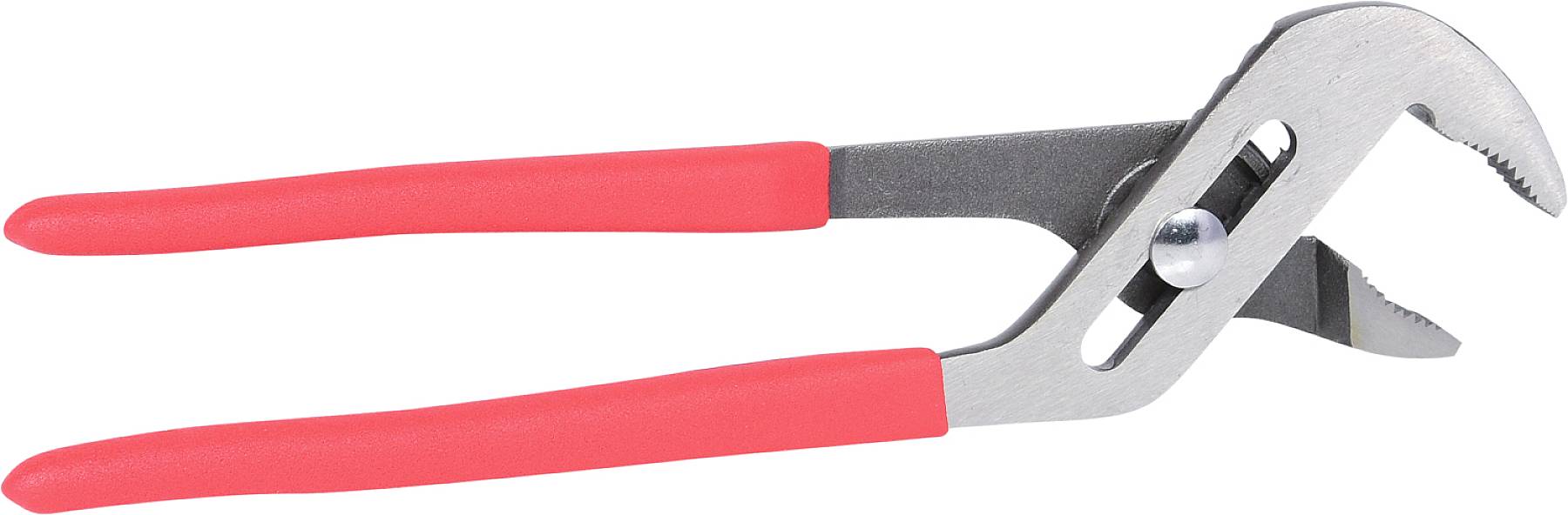 Pliers with red handles, outstanding tool with adjustable jaws, suitable for various tasks.<br><br>Translation to British English:<br>Pliers with red handles, an outstanding tool with adjustable jaws, suitable for a range of different tasks.