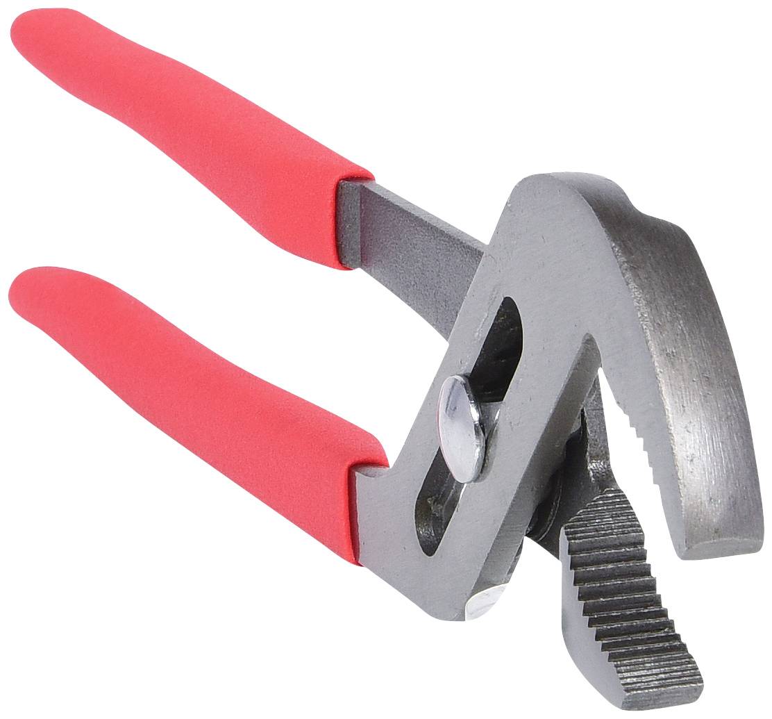Pipe pliers with red handles, opened, against a white background. A tool for gripping and turning pipes and hexagonal nuts.
