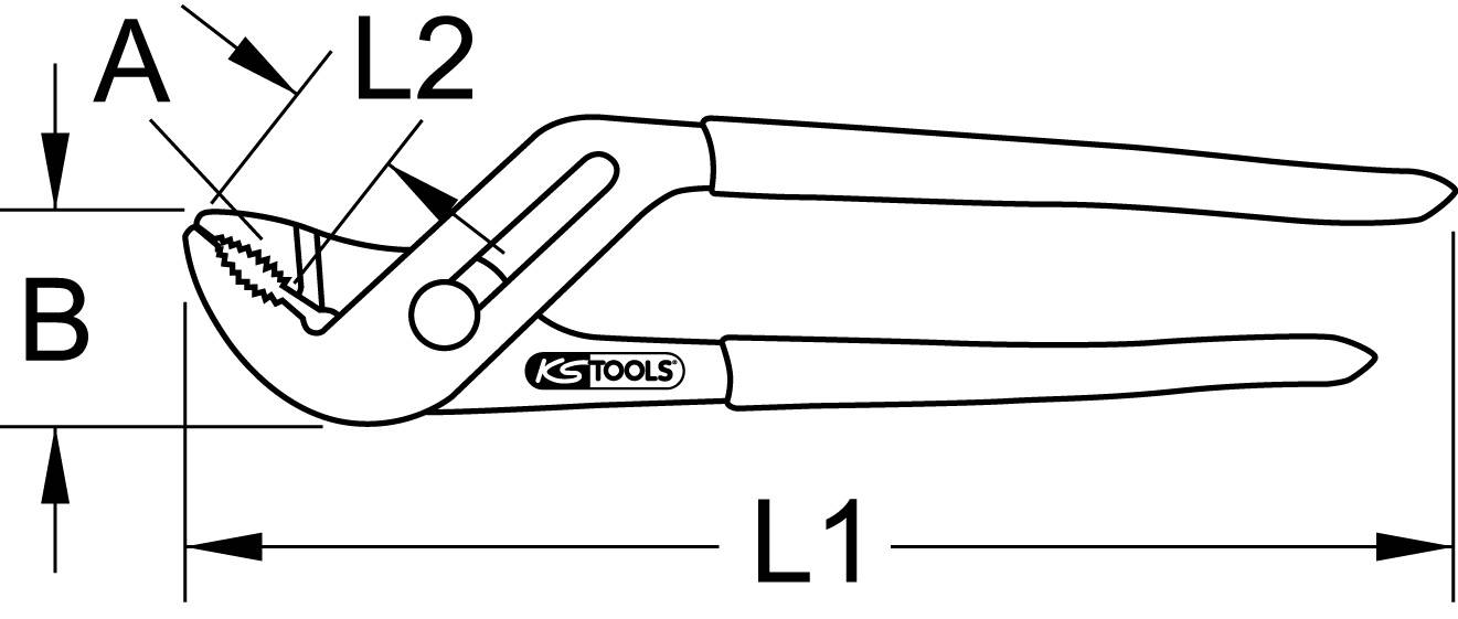Drawing of a water pump pliers with dimensions. Length L1, length of pliers head L2, distance A between the jaws, width B of the pliers head.