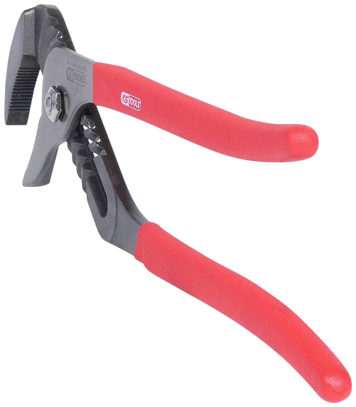 A water pump pliers with red rubber-coated handles, suitable for various tasks such as gripping and turning pipes or bolts.