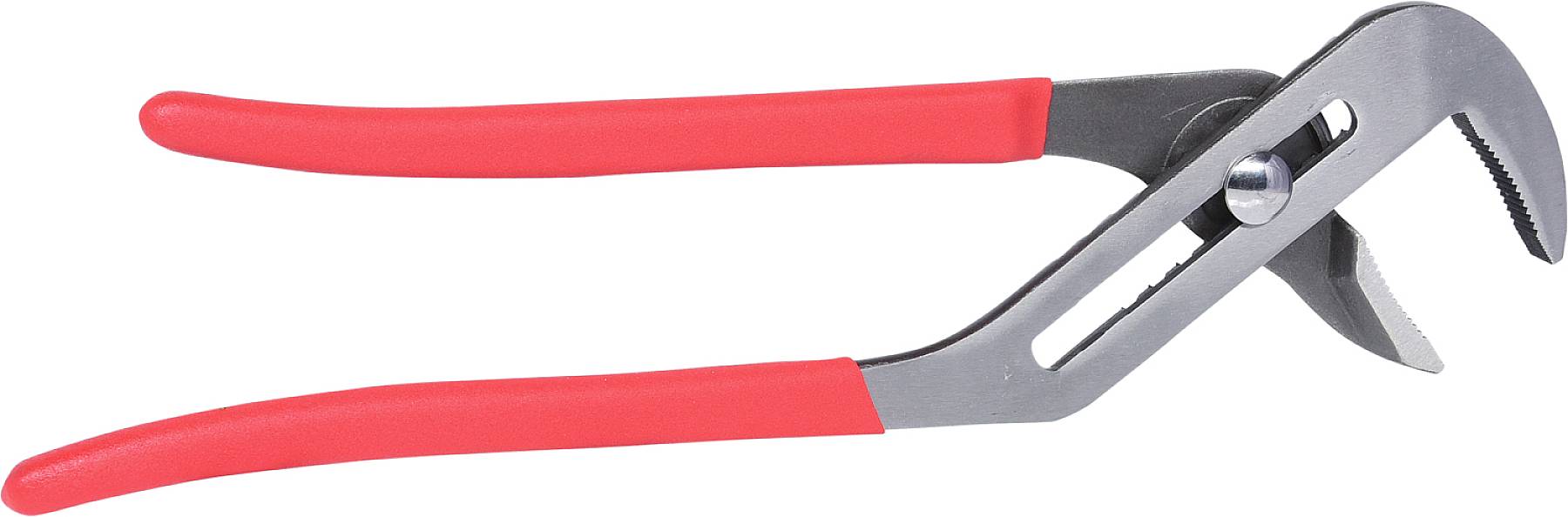 Red water pump pliers with grey jaws, for gripping and holding objects, on a white background.