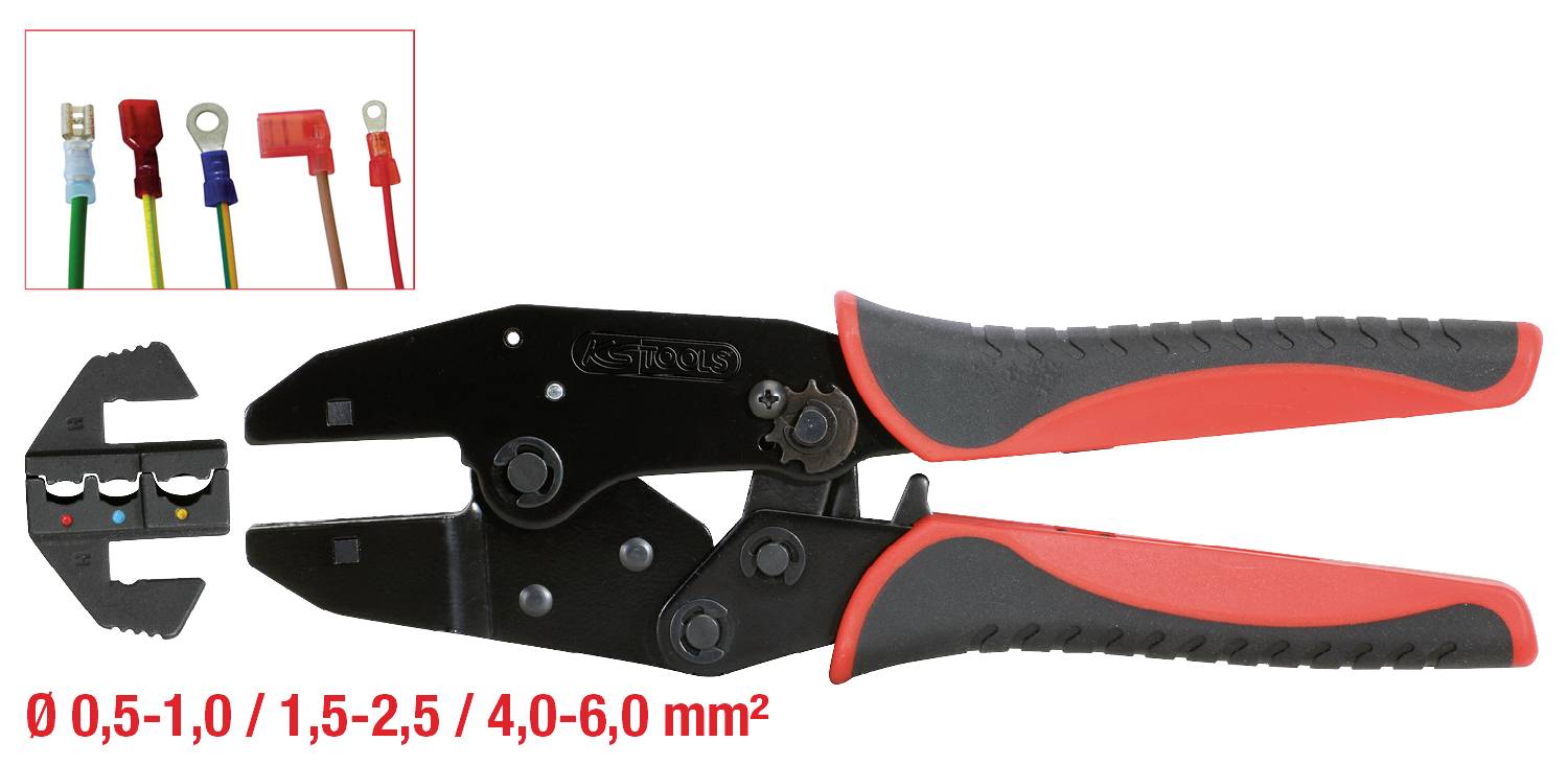 Crimping pliers for various cable lugs. Colour-coded markings for cable sizes 0.5-6.0 mm².