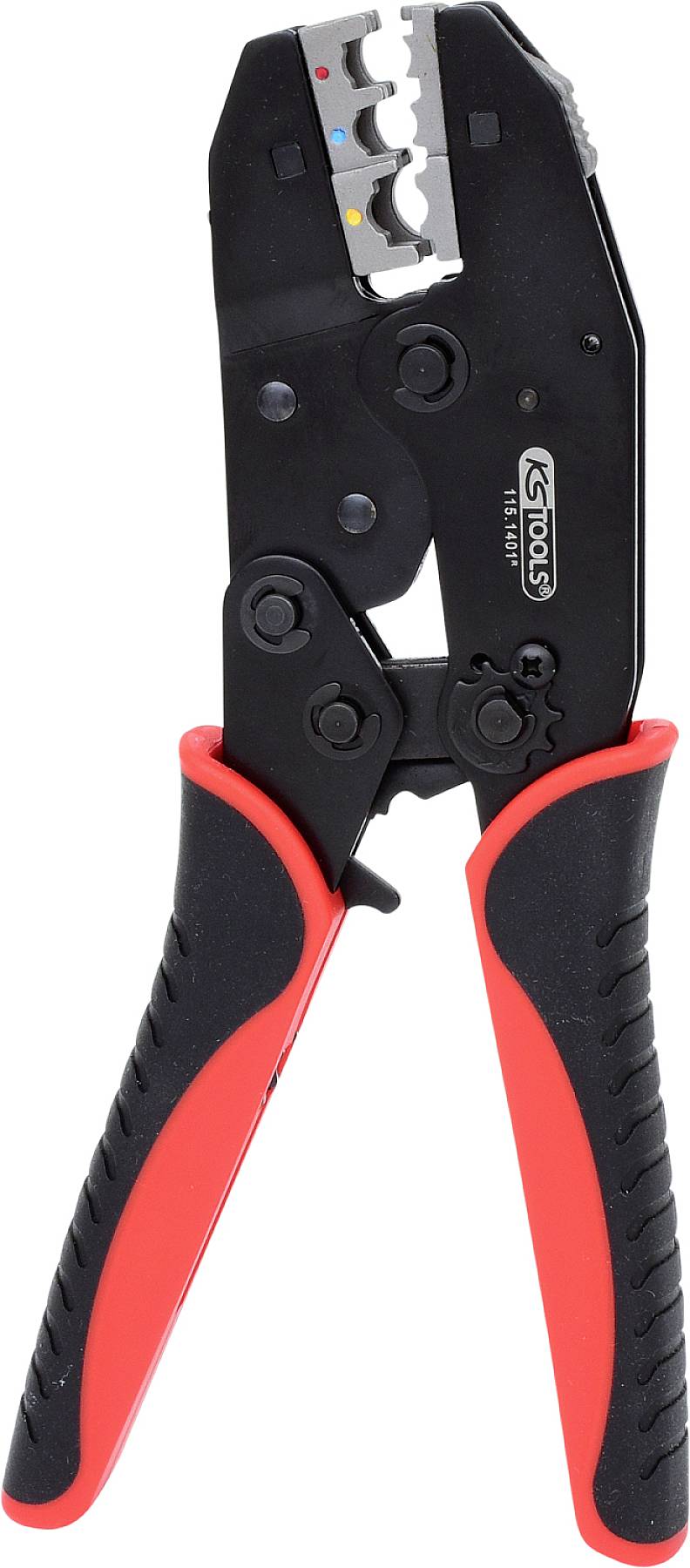 A crimping pliers with black handles, suitable for connecting cables.