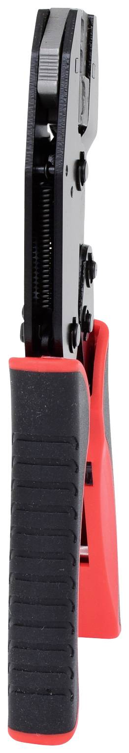 Side view of a black pair of pliers with red and black handles, suitable for working with cables or wires.