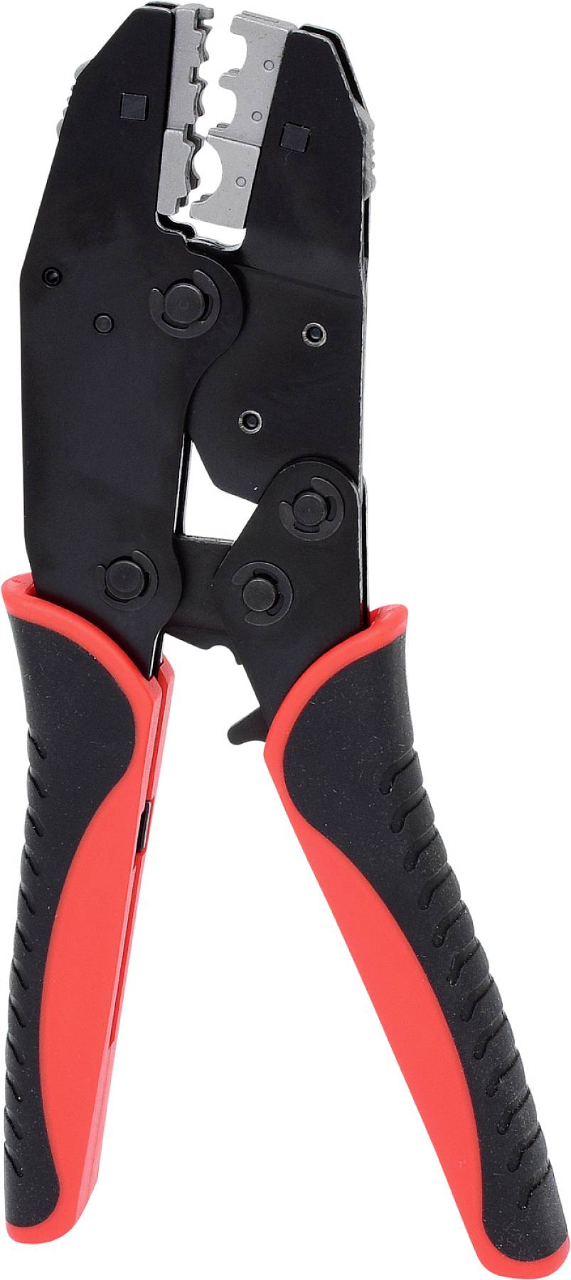 Black crimping pliers with red handles, open jaws displaying a serrated pattern. Tool for electrical cable processing.