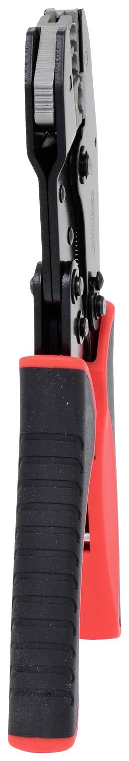 Hand pliers with black and red handles, front view, showing the serrated gripping surface of the pliers. Used in workshops.