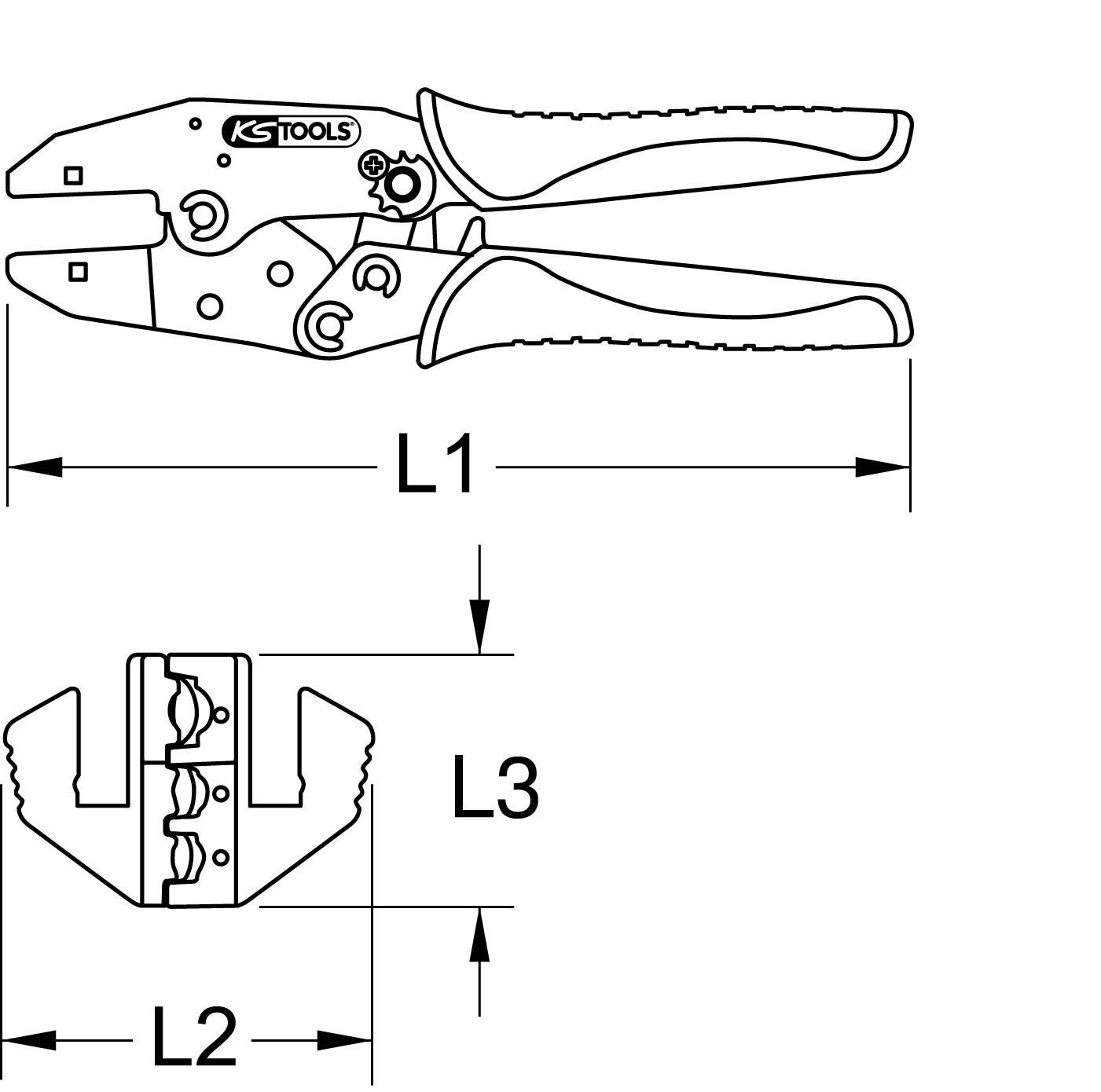 Technical drawing of a crimping pliers with length specifications L1, L2, and L3. Shows details of cutting edges and gripping parts.