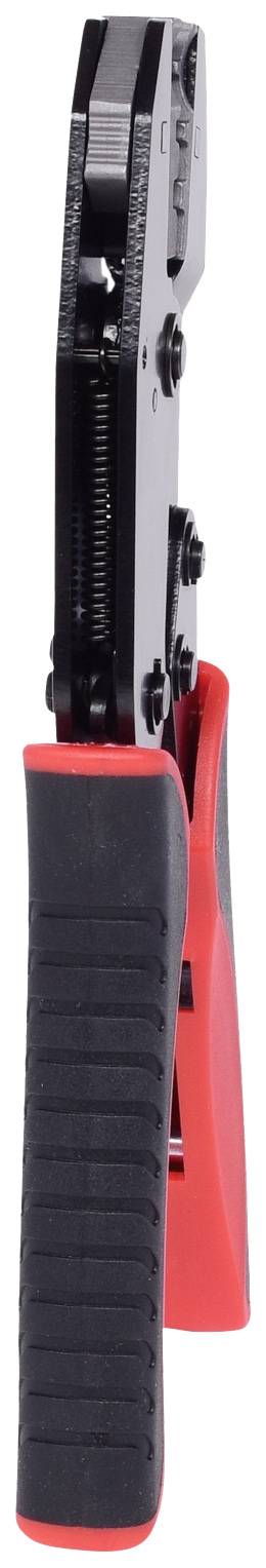 A black and red crimping pliers shown from the side. It has non-slip handles and is used for connecting cables.