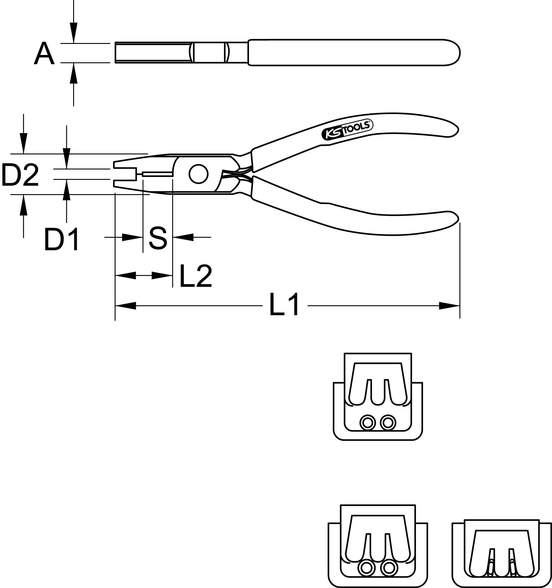 Drawing of a gripper with technical dimensions: A, D1, D2, S, L1, L2. Below are three top views of different gripper attachments.