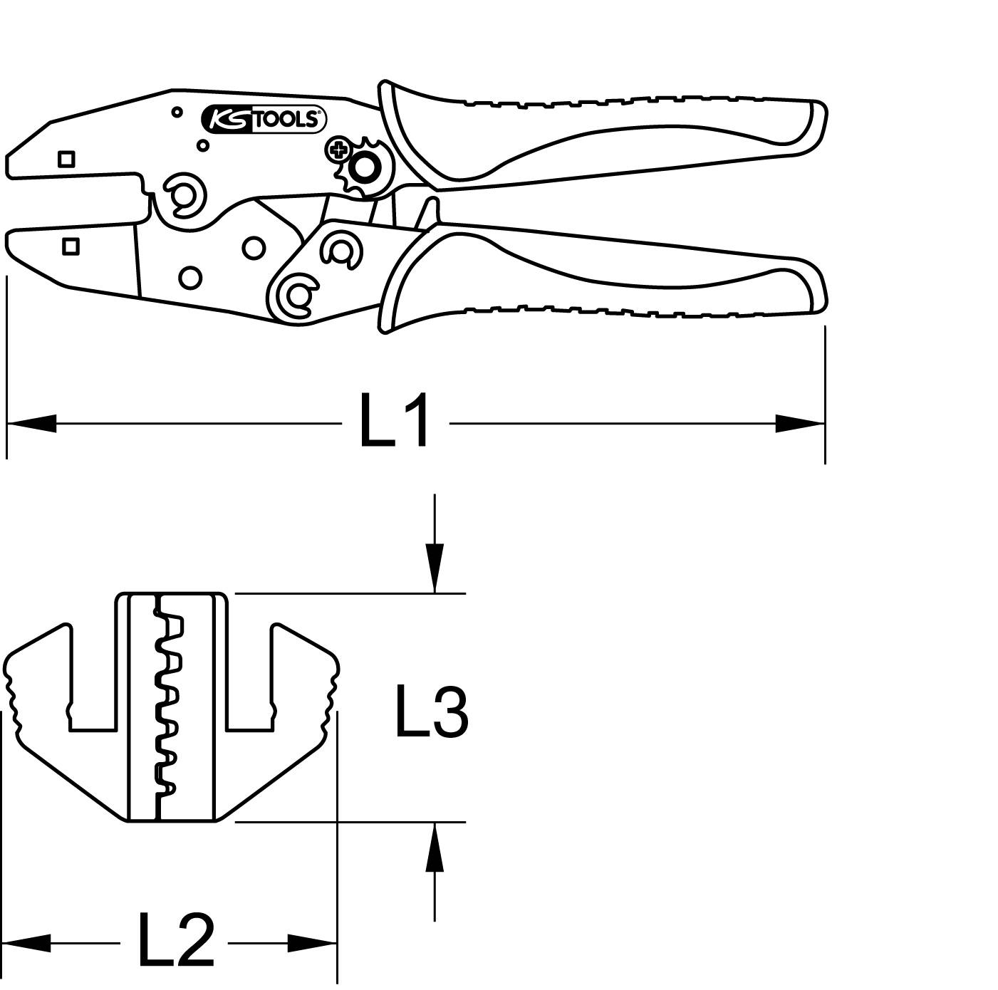 Technical drawing of a crimping pliers with labels for lengths L1, L2, and L3. Showing the dimensions of the pliers and crimping jaws.