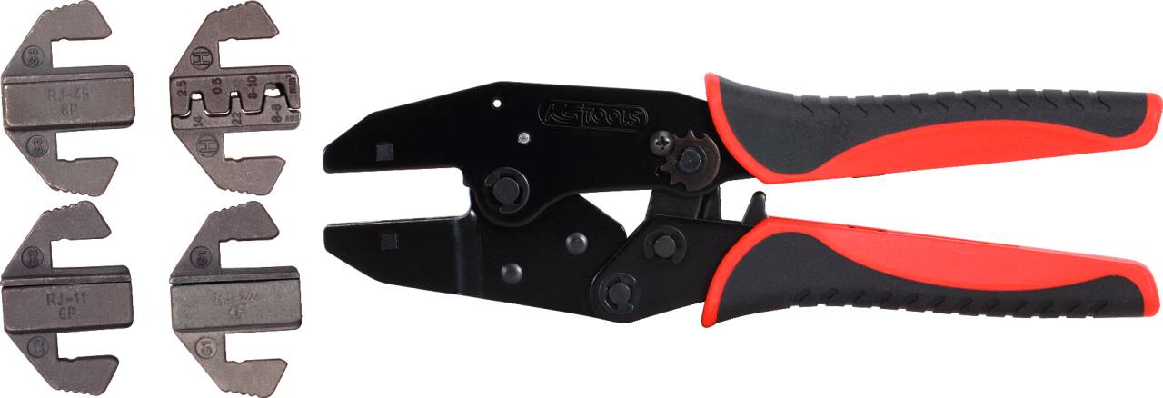 Hand crimping pliers with red handles and four interchangeable jaw attachments. Tool for processing cables and connections.