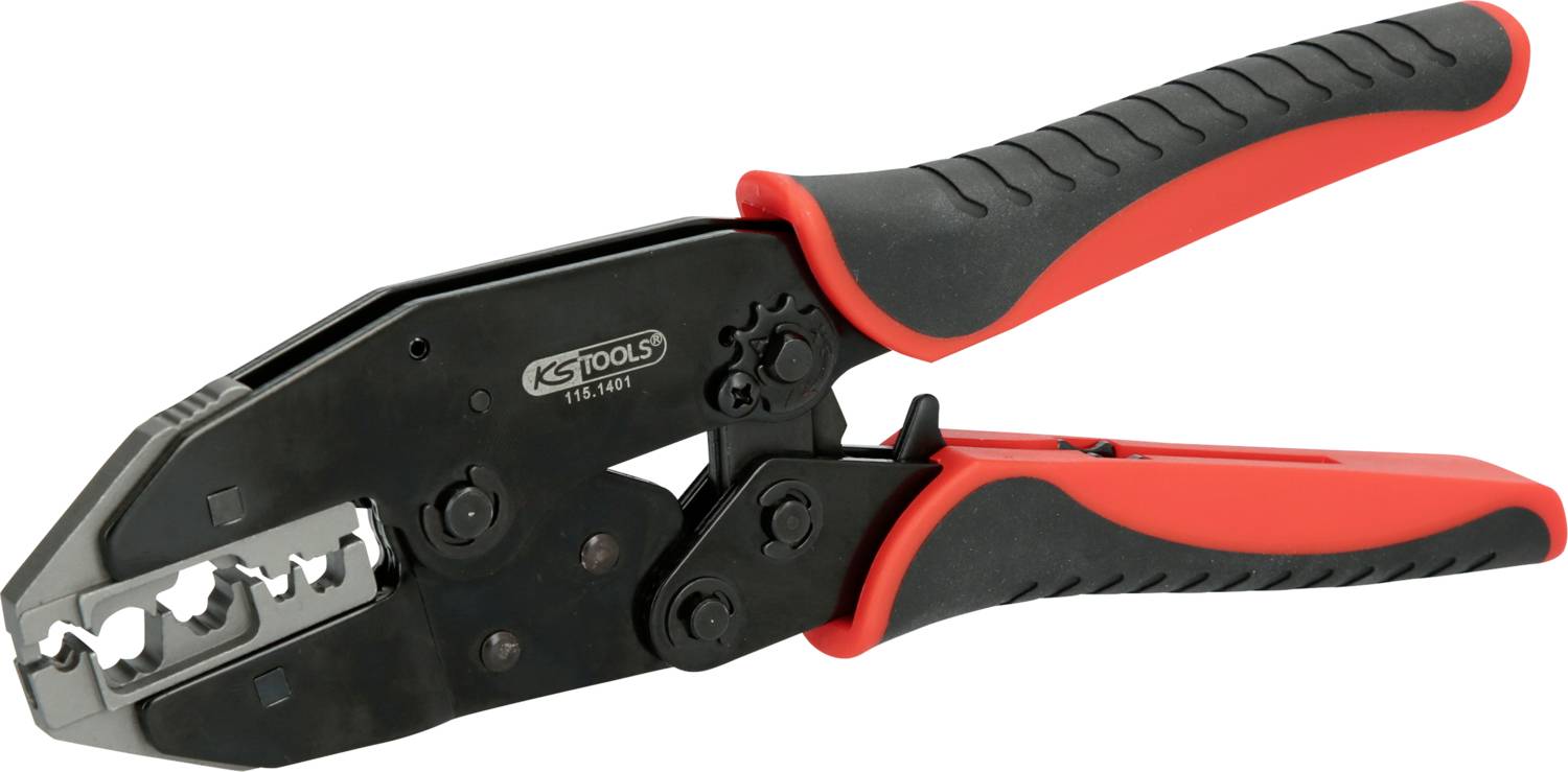 A red and black crimping pliers with serrated grippers, suitable for cable stripping and electrical work.