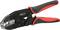 A red and black crimping pliers with serrated grippers, suitable for cable stripping and electrical work.