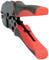 The image shows a red and black crimping pliers used for connecting plugs with cables.