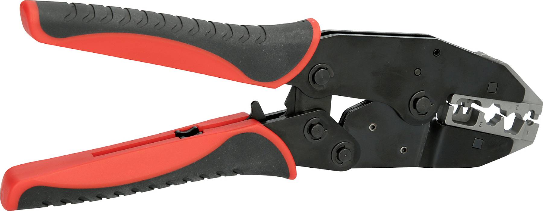 Crimping pliers with red handles and black head, used for connecting cables to connectors.