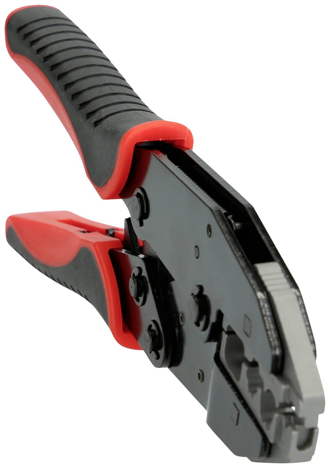 A red and black crimping pliers for connecting cable end ferrules to cables, pictured on a white background.