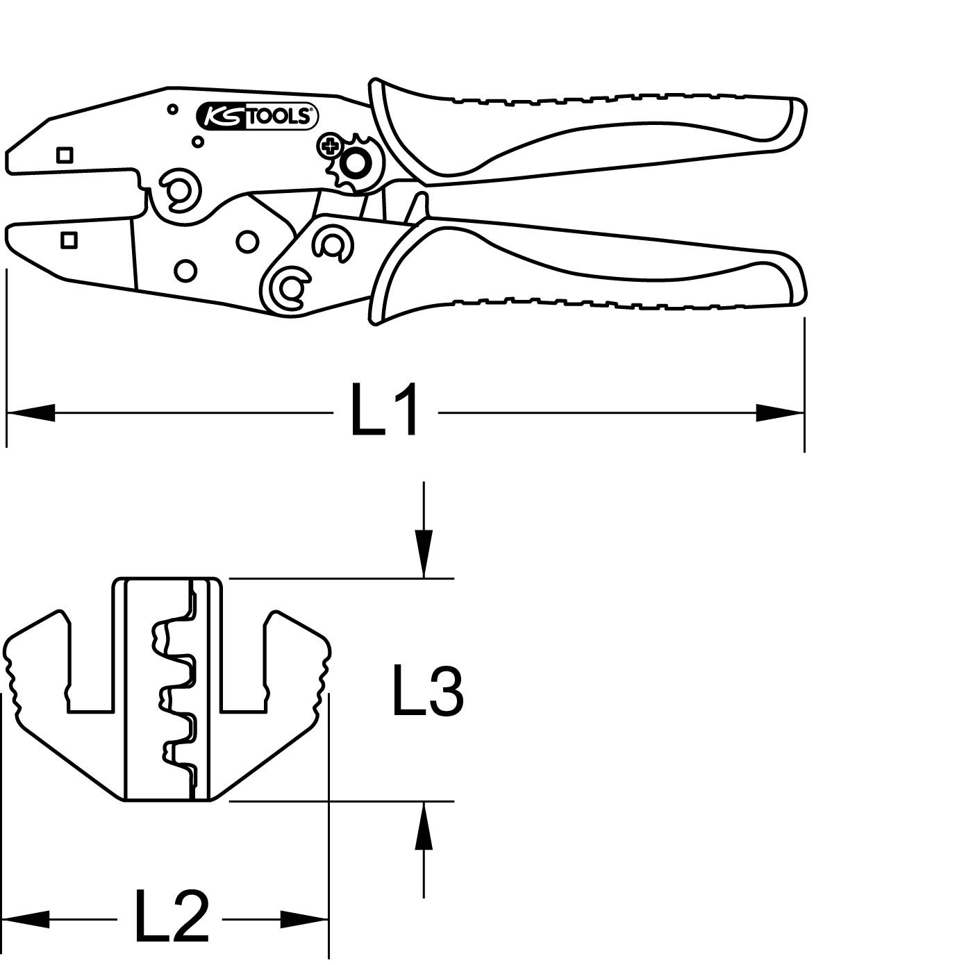 Illustration of a clamp pliers including dimensions: Length L1 for overall pliers, L2 and L3 for the clamp. Technical drawing of the pliers.