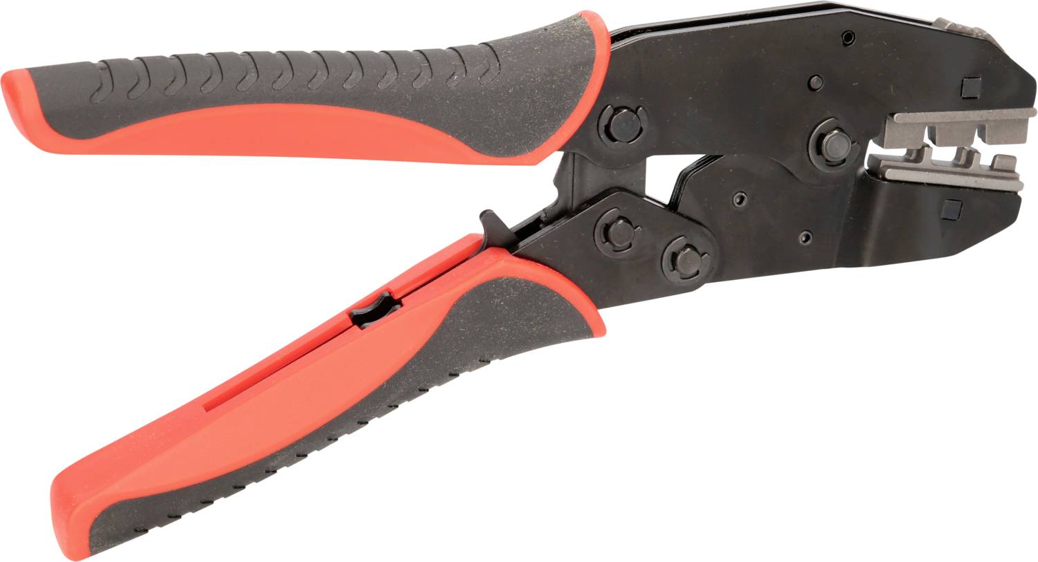 A crimping pliers with red and black handles, used for connecting cables and connectors in electrical applications.
