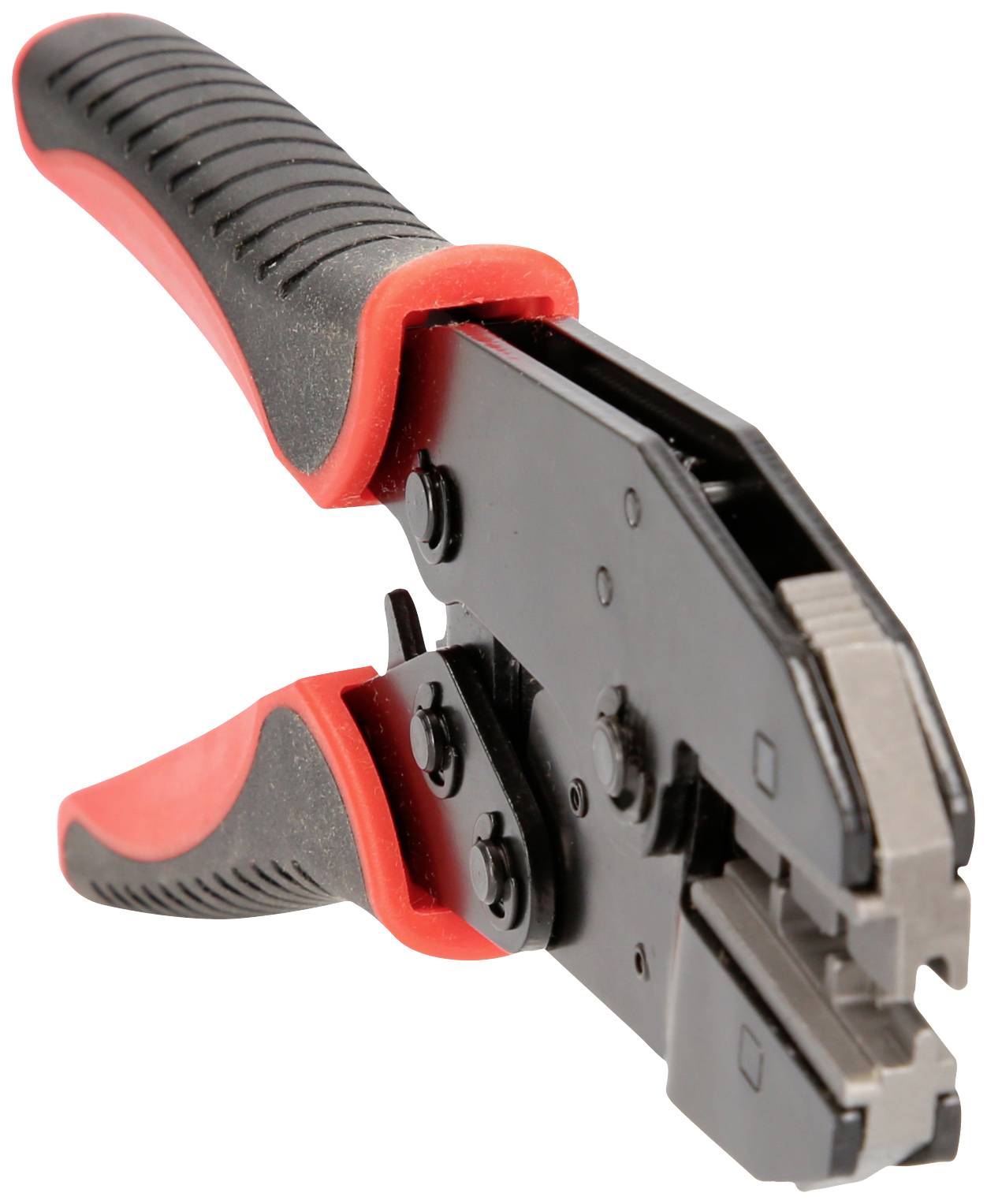 Wire strippers with a black body and red handles, opened and ready to strip cables.