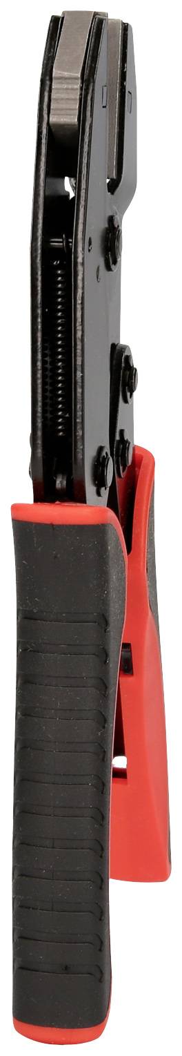 Black and red crimping tool with a ribbed handle and metal head, for crimping cable connections.