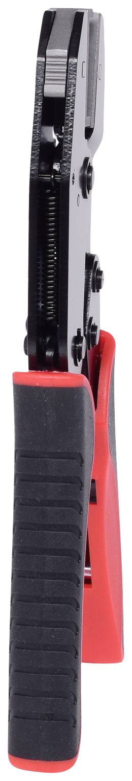 A black pair of pliers with a red, non-slip grip in a vertical view, suitable for precision work or wire cutting.