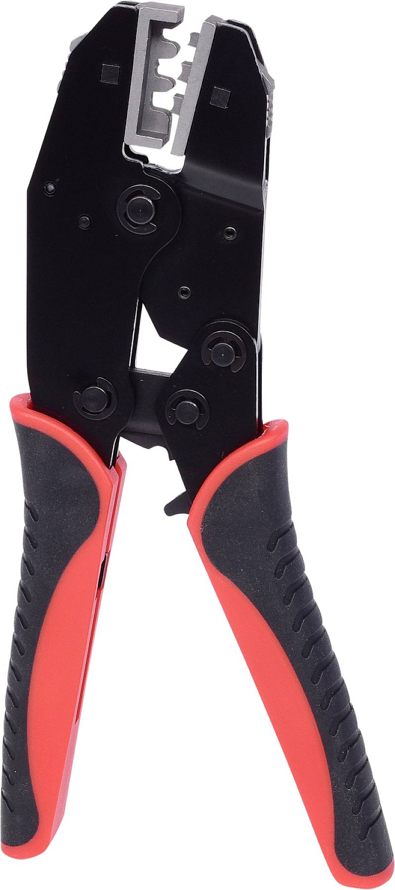 Crimping pliers with red handles, suitable for connecting cables by crimping cable lugs.