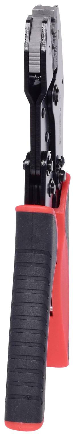 A black and red crimping pliers, pictured front-on. It has black handles and a serrated gripping area.
