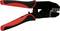A crimping pliers with red and black handles used for connecting cables and connectors.
