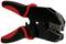 A red and black crimping pliers used for cable connections. It has a non-slip grip for better handling.