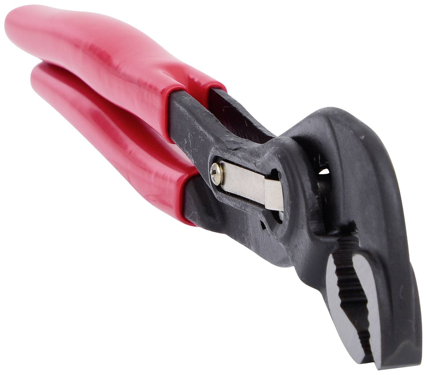 Red pliers with a black handle, shown open and angled diagonally. Primarily used for gripping and cutting tasks.