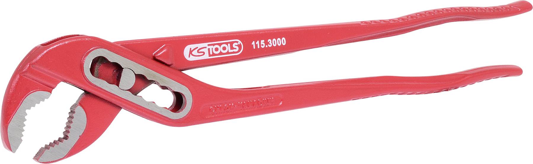 Red metal water pump pliers from KS Tools, with serrated jaws and adjustable pivot joint.