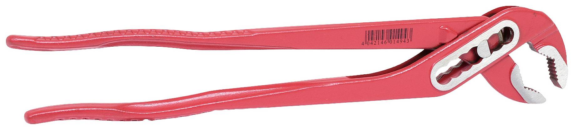 Red water pump pliers with curved handles and adjustable gripping head, suitable for pipe connections and assembly work.