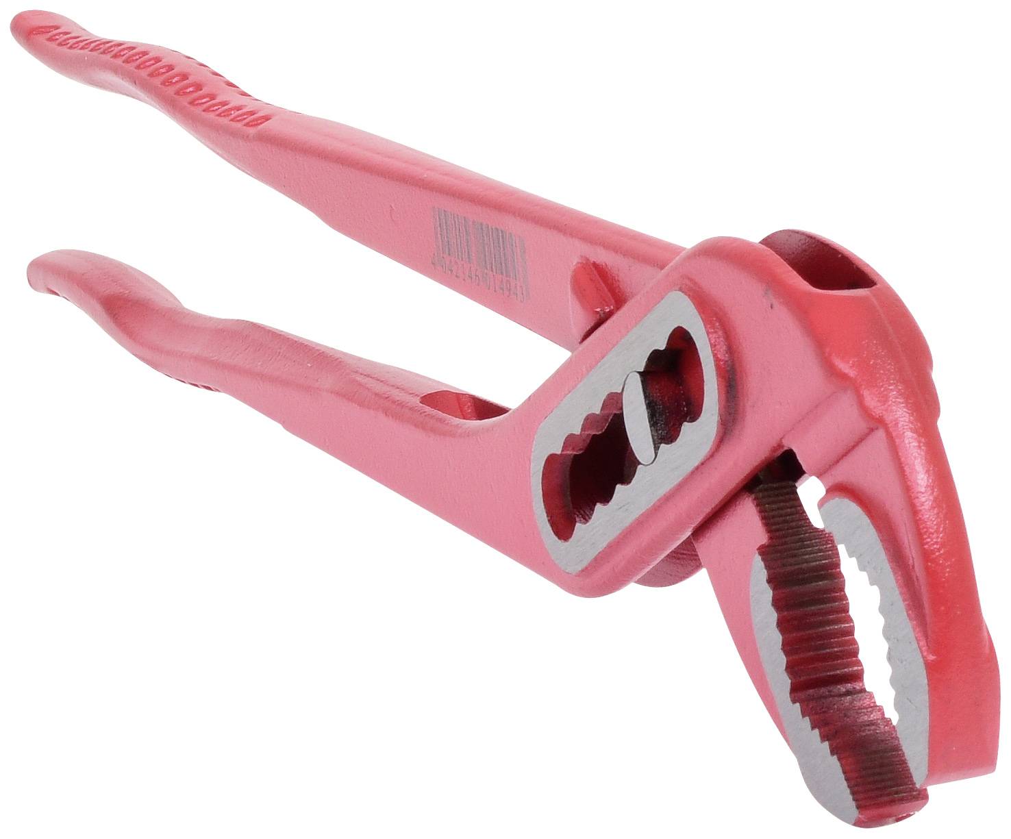 Red water pump pliers with serrated jaws for securely gripping and turning objects, commonly used in plumbing work.
