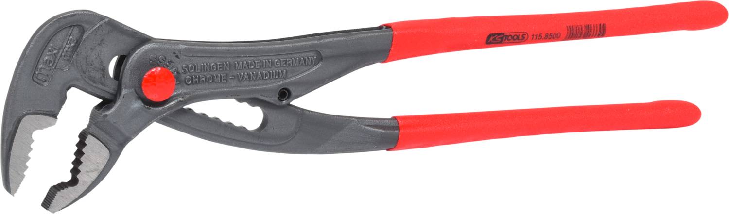 Grey water pump pliers with red handles. Suitable for gripping and loosening pipes and nuts.