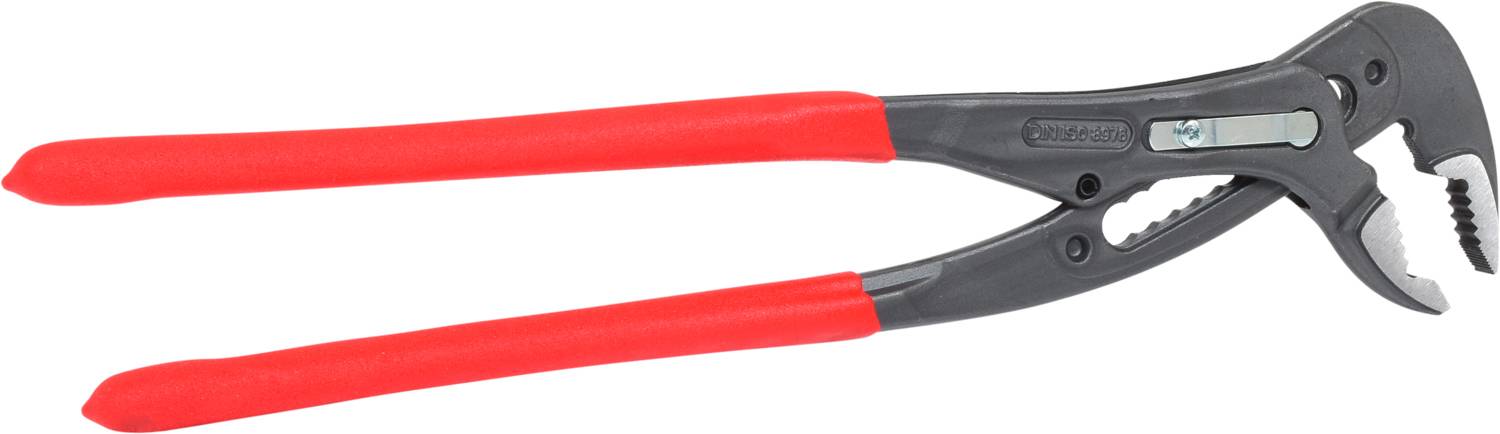 A grey water pump pliers with red handles, opened and shown from the side.