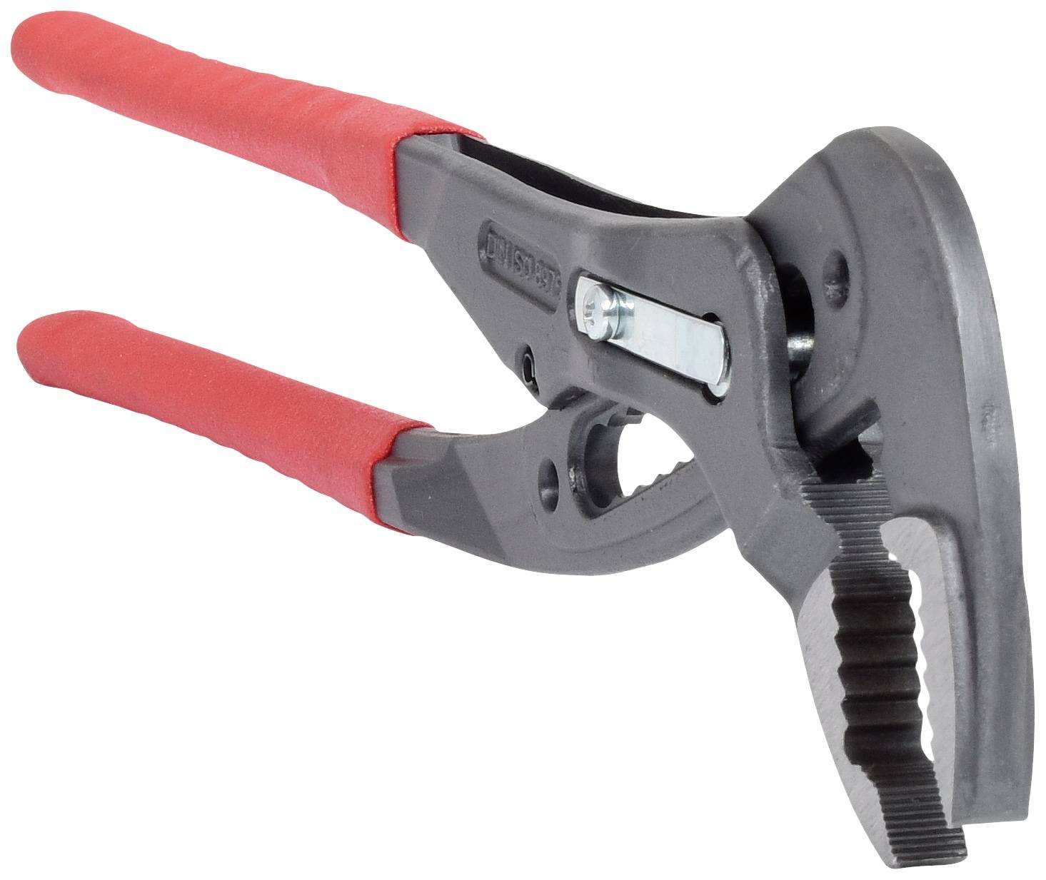 An adjustable pipe wrench with red handles, used for gripping or turning pipes and threaded connections.