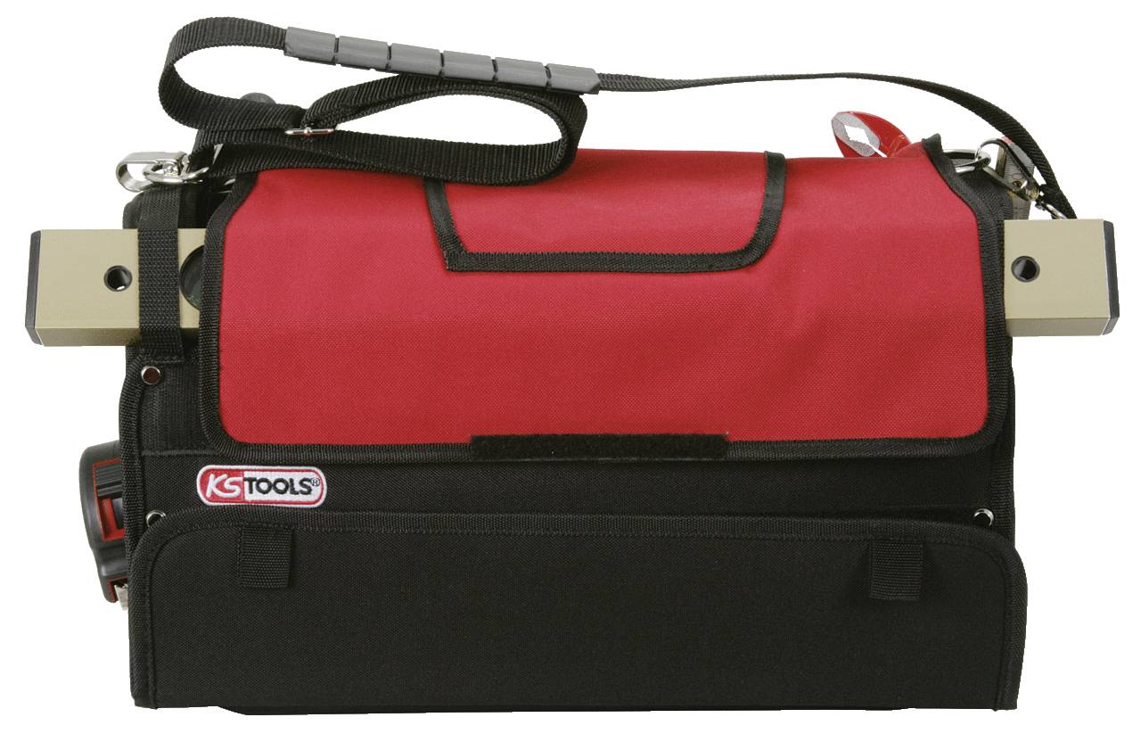 Black and red tool bag with carrying straps and multiple compartments, suitable for storing tools and accessories.