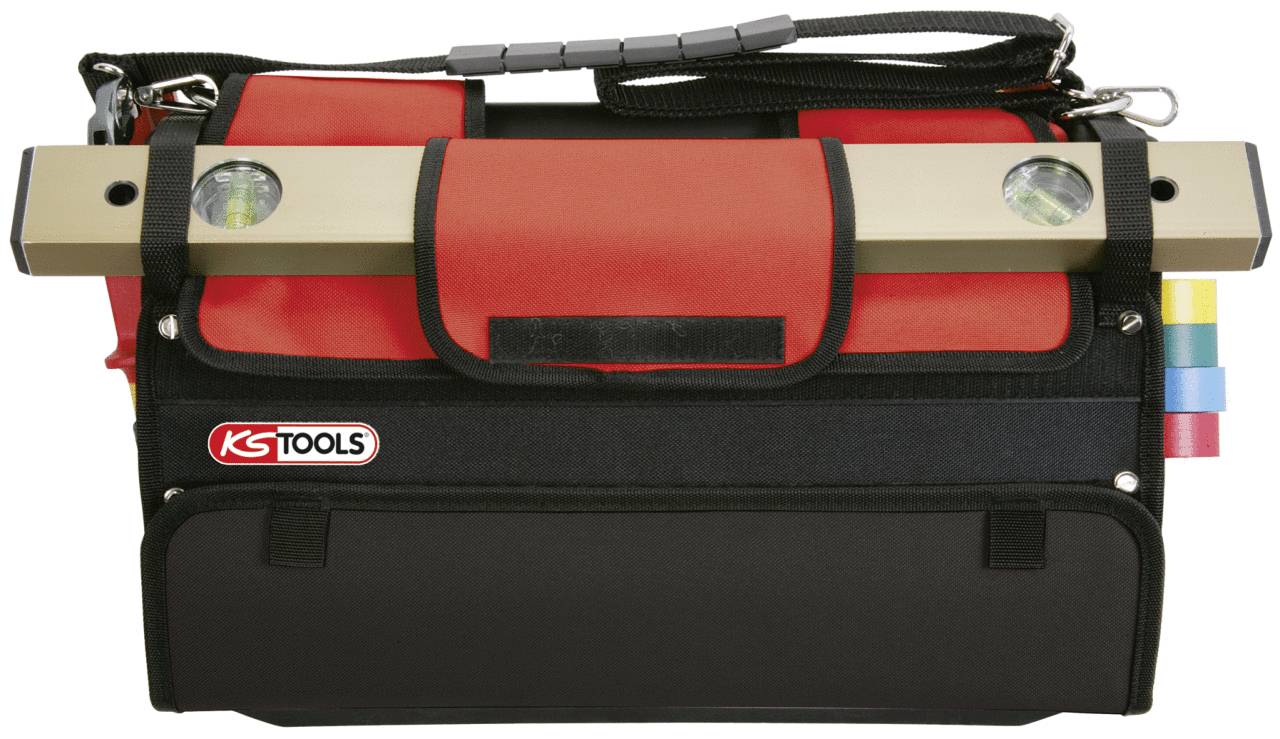A red and black tool bag with a spirit level and small screwdriver bits on the side.