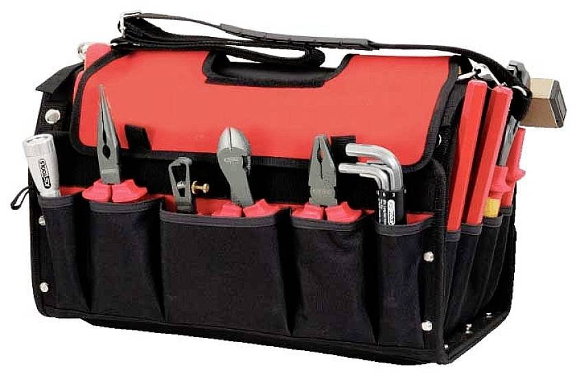 A red and black tool bag with various hand tools, including pliers, screwdrivers, and Allen keys, visible.