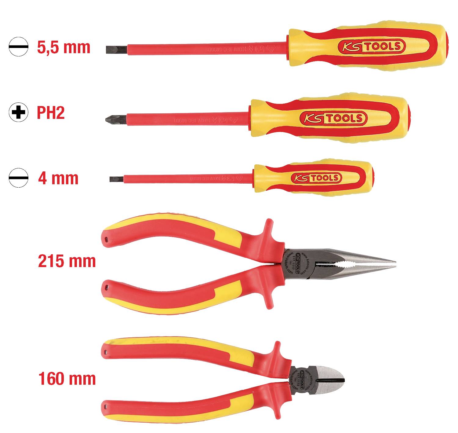 Isolated tools: two screwdrivers (5.5 mm, PH2) and two pliers (215 mm, 160 mm) from KS Tools, with red and yellow handles.