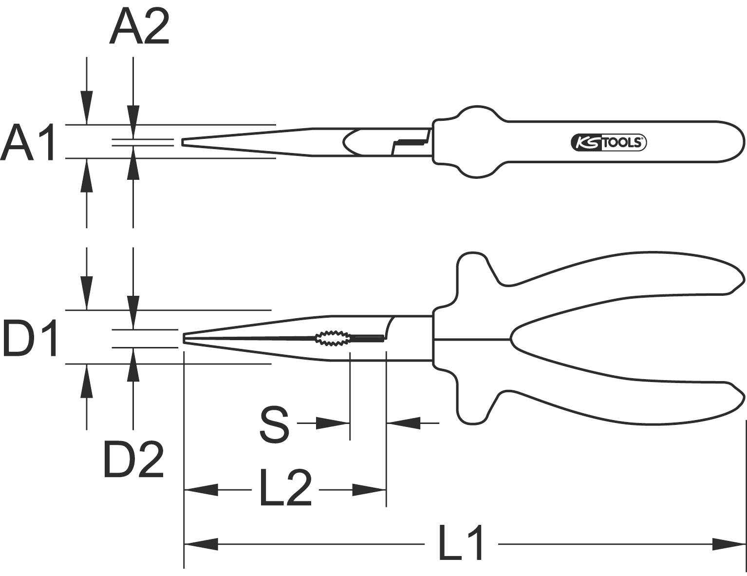 Technical drawing of a flat pliers by KS Tools with marked dimensions: A1, A2, D1, D2, S, L1, L2.