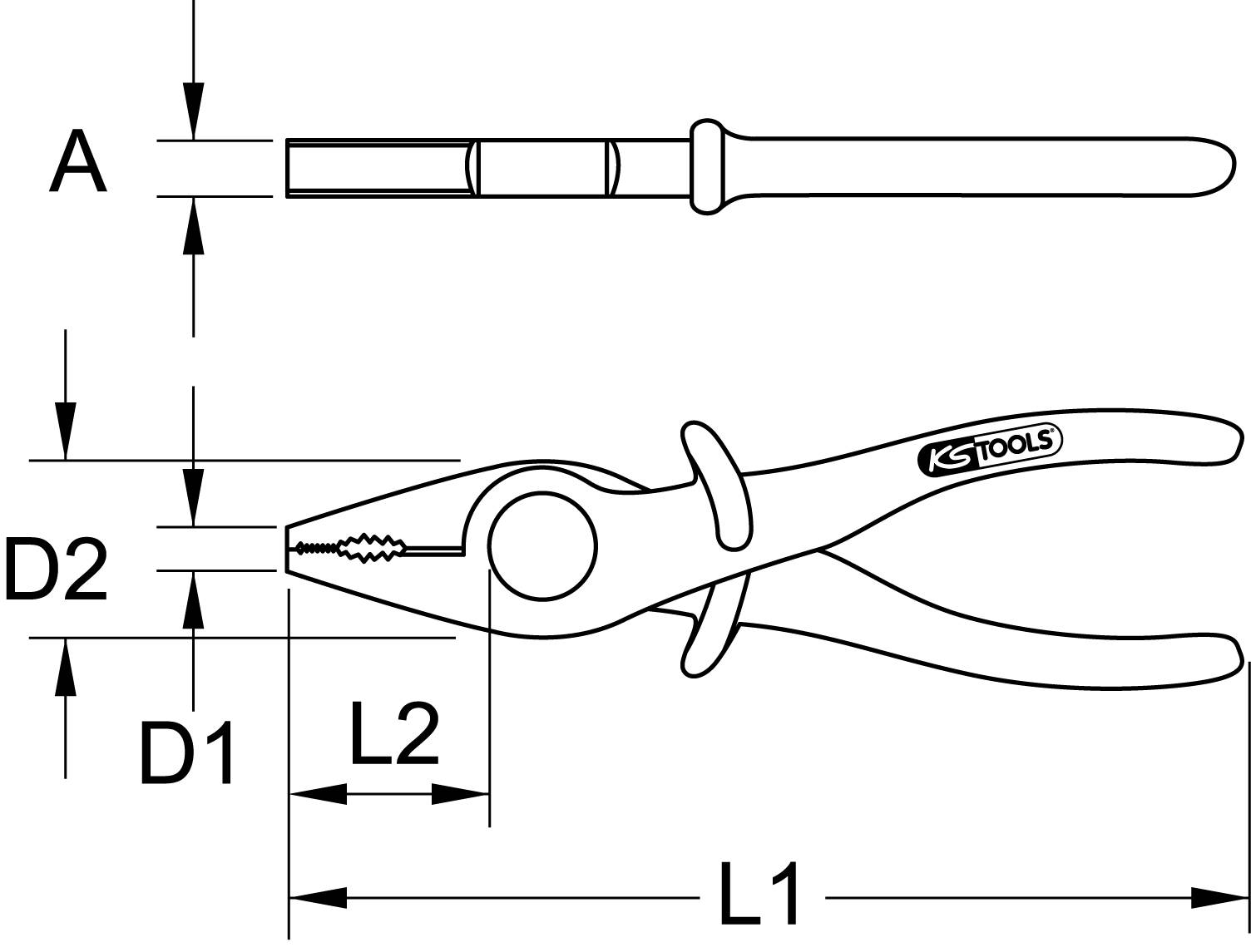 Drawing of a combination pliers by 'KS Tools' with detailed dimensional specifications: length L1, distance L2, diameter D1 and D2 of a bolt.