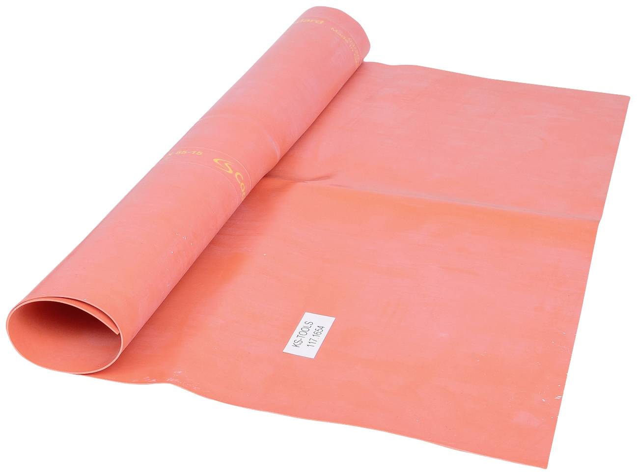 A rolled-out red rubber sheet on a white surface, likely an insulating material.
