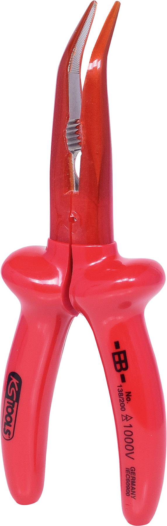 A red VDE-certified pointed pliers with insulated handles for protection against electrical shocks. Suitable for work under voltage.