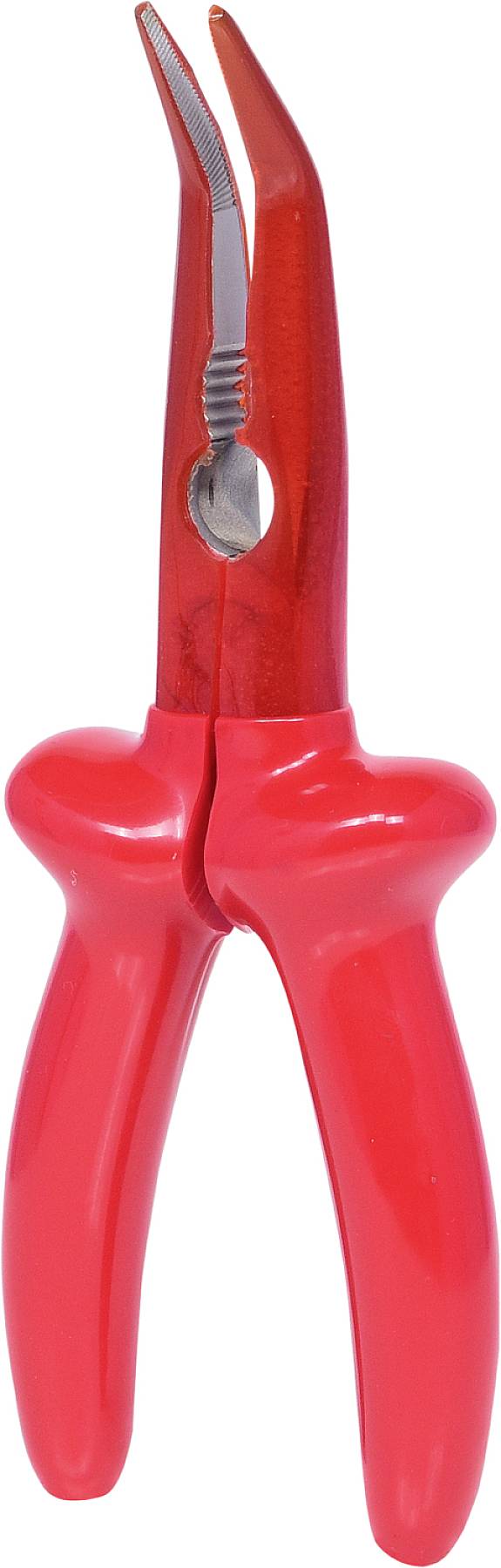 Red plastic and metal pointed pliers, ready to hand. Used for precise work or gripping small objects in workshops or at home.