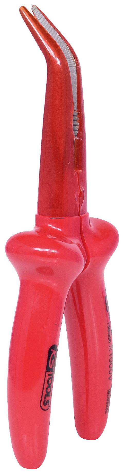 Red dental forceps with curved handle and serrated tips, used in dentistry for procedures.