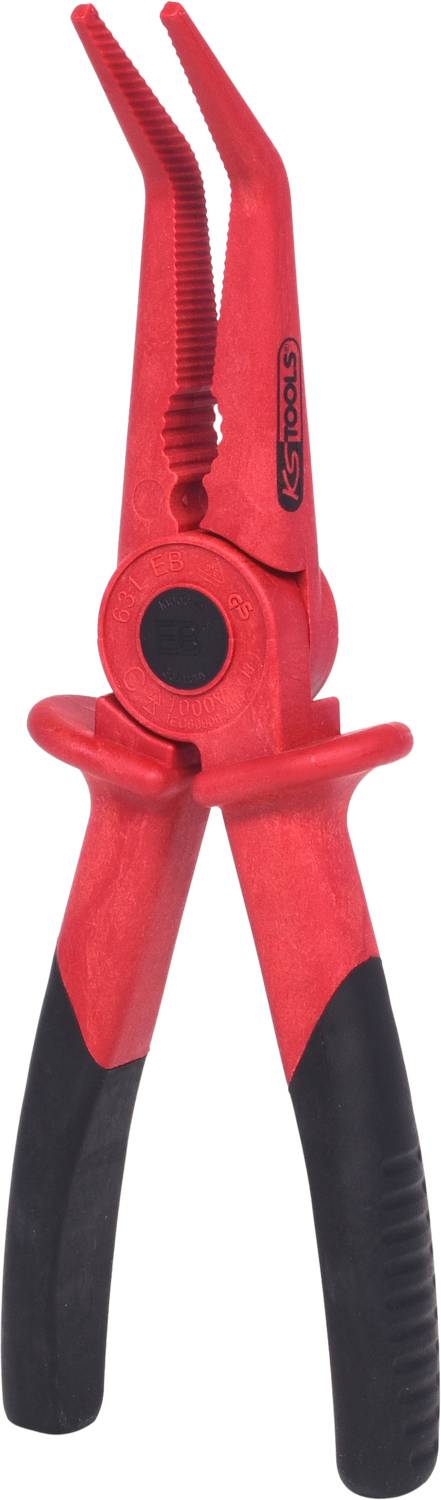 Red circlip pliers with black handle, specifically designed for retaining rings.