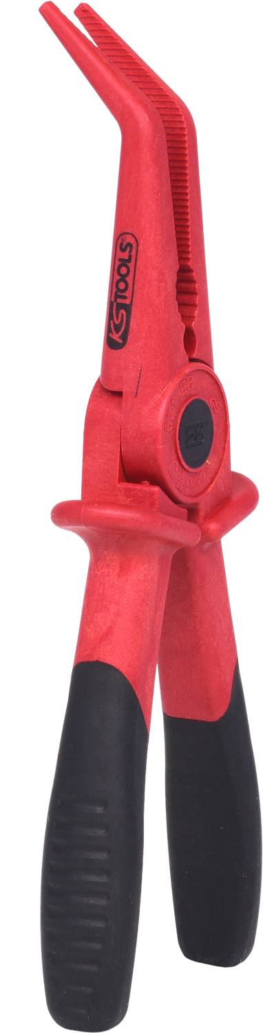 Red pliers with non-slip black handles, angled to the side. Suitable for work in hard-to-reach areas.