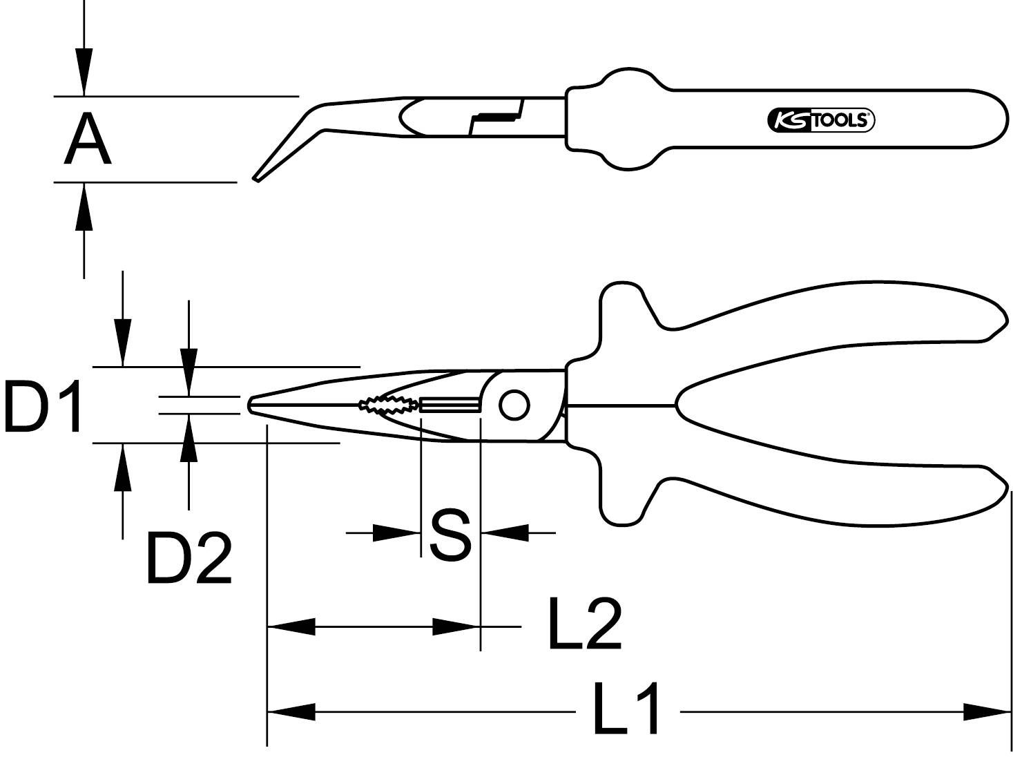 A technical drawing shows two tools: a hook tool at the top, and pliers below. Labelled dimensions: A, D1, D2, S, L1, L2.